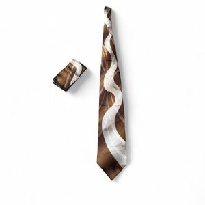 Vintage Alberto Zerra Silk Brown Geometric Print Tie &‎ Pocket Square